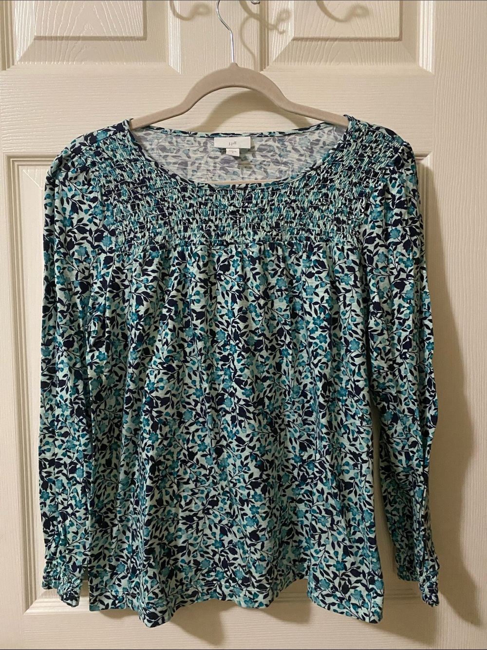 Talbots Teal & Navy Floral Smocked Yoke Long Sleeve Top